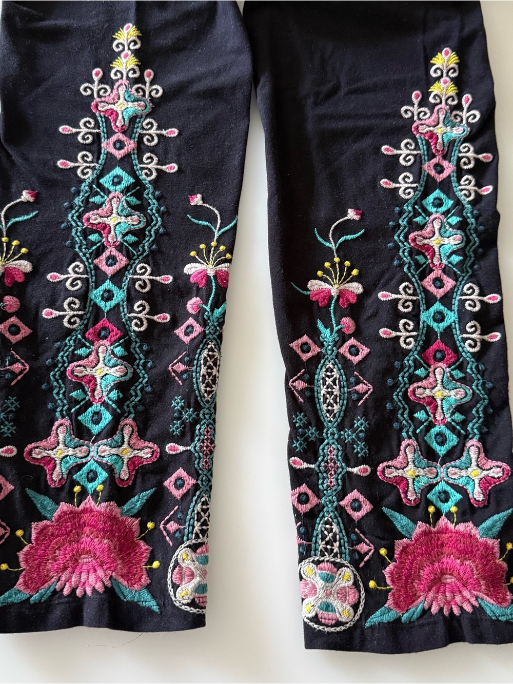 Johnny Was Black Leggings with Pink Turquoise Floral Embroidery